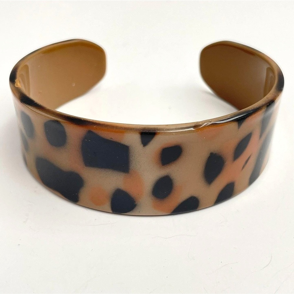 Vintage 80s Tortoise Acrylic Cuff Bracelet Brown Leopard‎ Print Bangle Jewelry